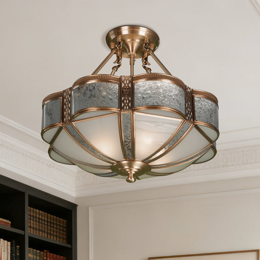 French Vintage Copper Semi-Flush Mount Ceiling Light - 3-Color LED Glass Light Fixture