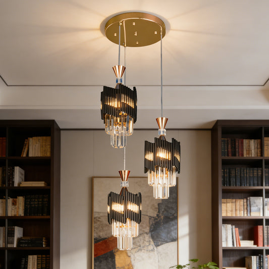 Modern 3-Light Black & Gold Crystal Pendant Light - 3-Color Bulb E26 Adjustable Ceiling Chandelier for Dining Room