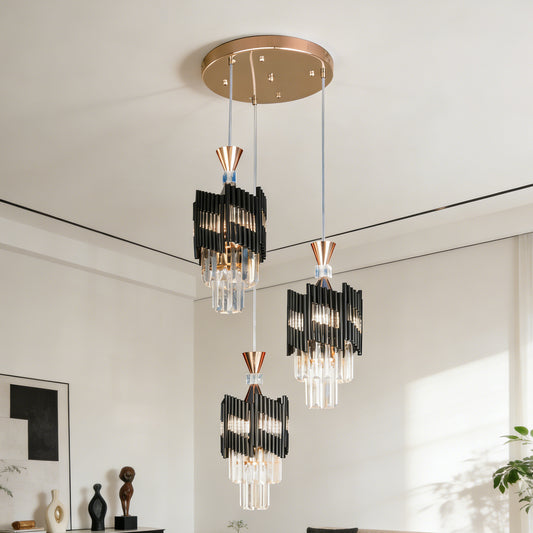 Modern 3-Light Black & Gold Crystal Pendant Light - 3-Color Bulb E26 Adjustable Ceiling Chandelier for Dining Room