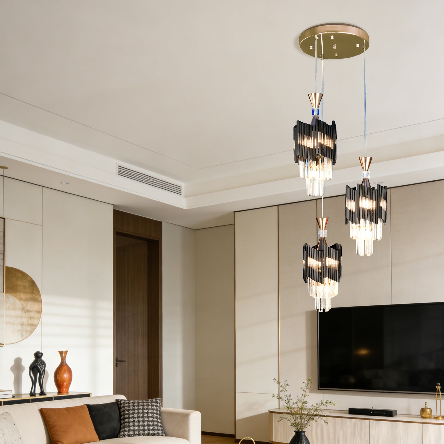Modern 3-Light Black & Gold Crystal Pendant Light - 3-Color Bulb E26 Adjustable Ceiling Chandelier for Dining Room