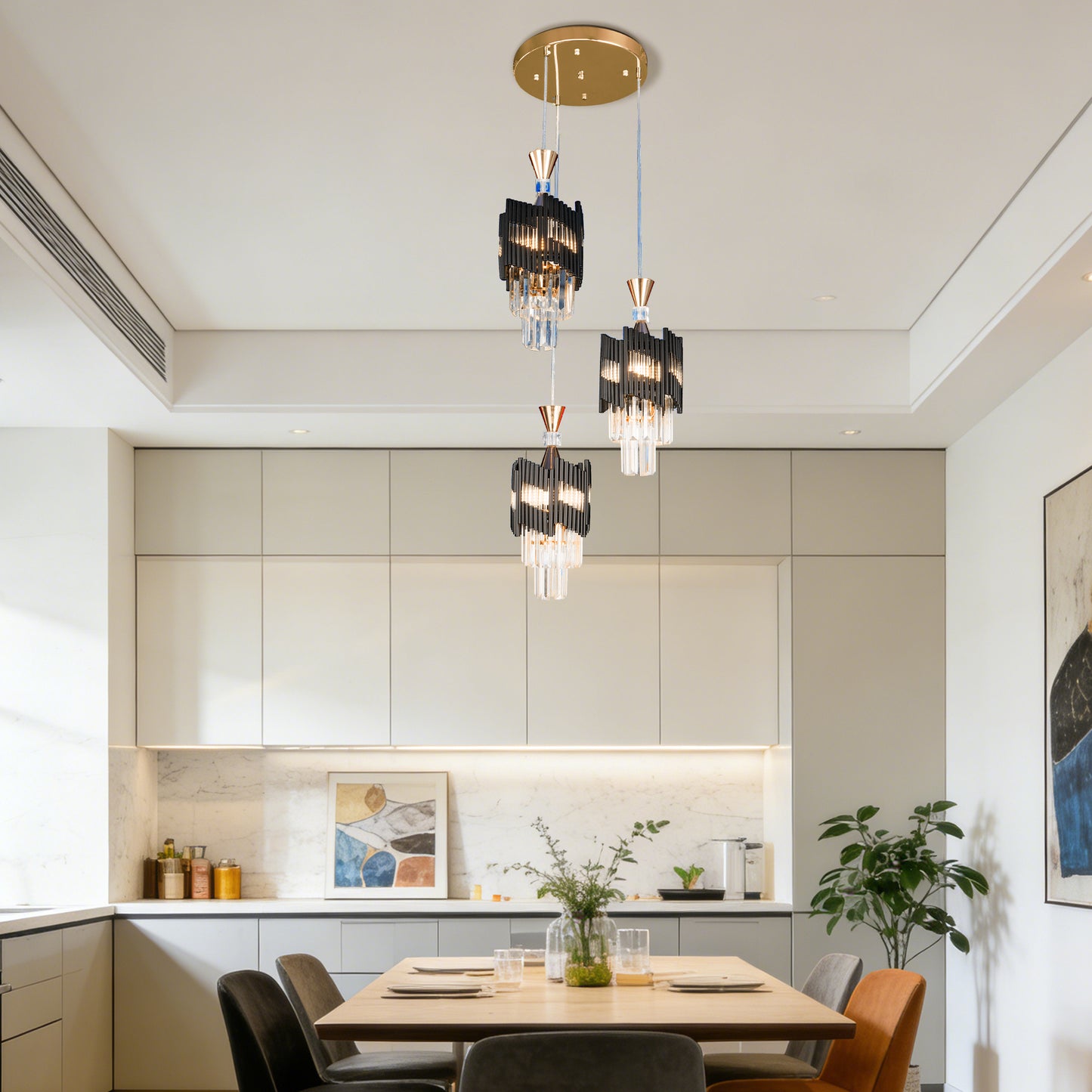 Modern 3-Light Black & Gold Crystal Pendant Light - 3-Color Bulb E26 Adjustable Ceiling Chandelier for Dining Room