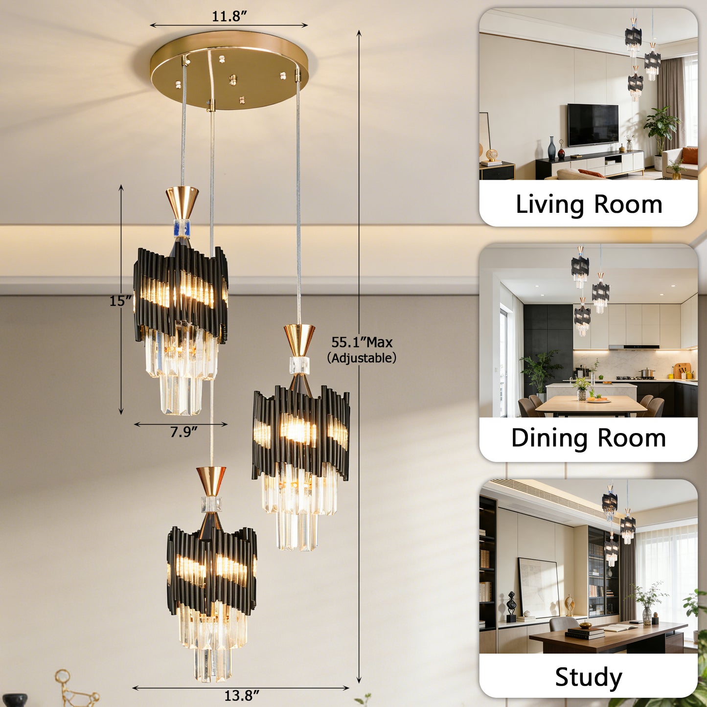 Modern 3-Light Black & Gold Crystal Pendant Light - 3-Color Bulb E26 Adjustable Ceiling Chandelier for Dining Room