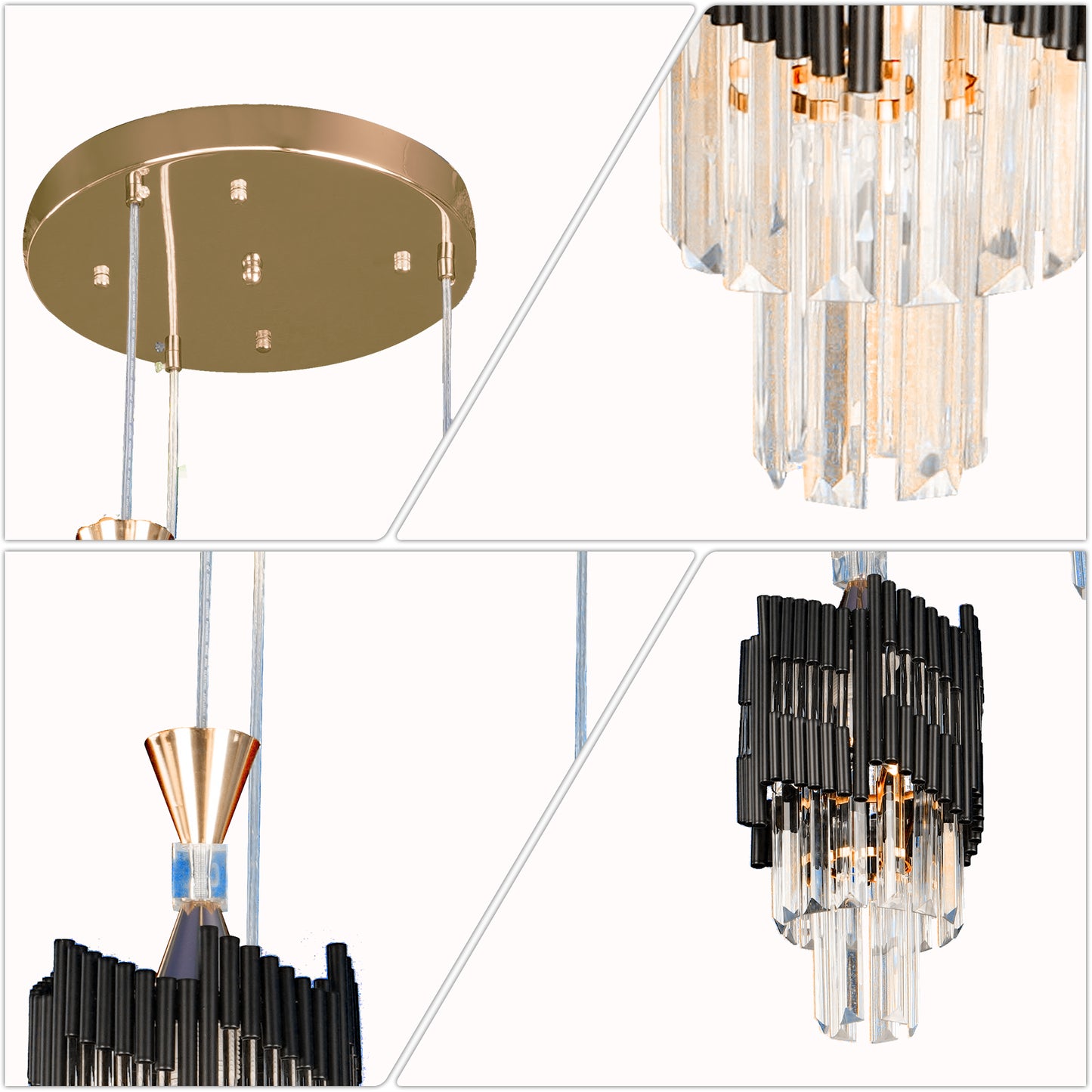 Modern 3-Light Black & Gold Crystal Pendant Light - 3-Color Bulb E26 Adjustable Ceiling Chandelier for Dining Room
