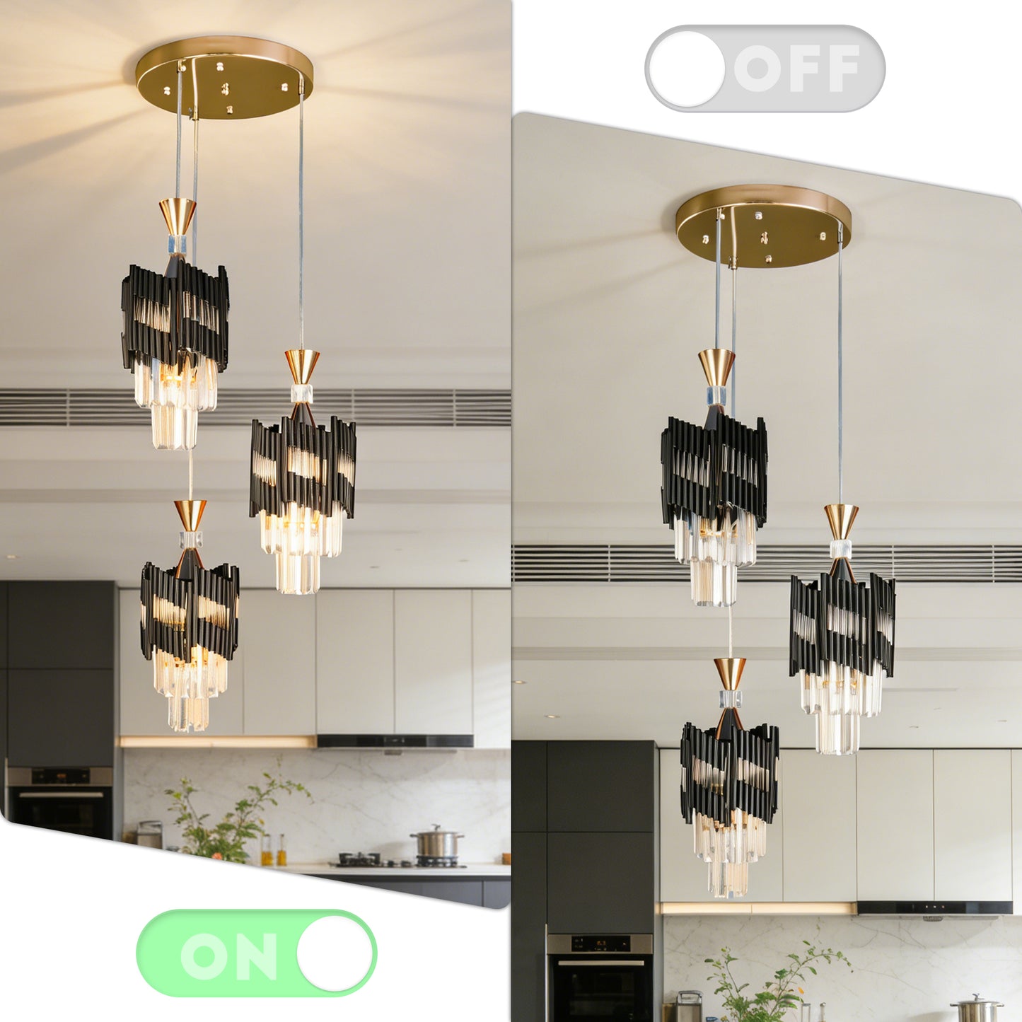 Modern 3-Light Black & Gold Crystal Pendant Light - 3-Color Bulb E26 Adjustable Ceiling Chandelier for Dining Room