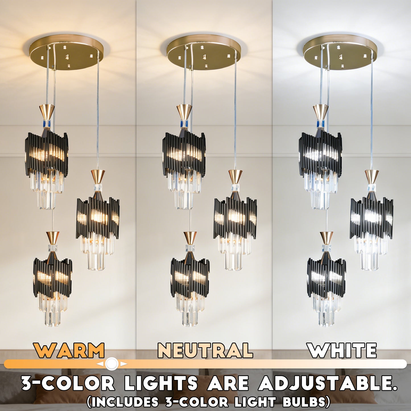 Modern 3-Light Black & Gold Crystal Pendant Light - 3-Color Bulb E26 Adjustable Ceiling Chandelier for Dining Room
