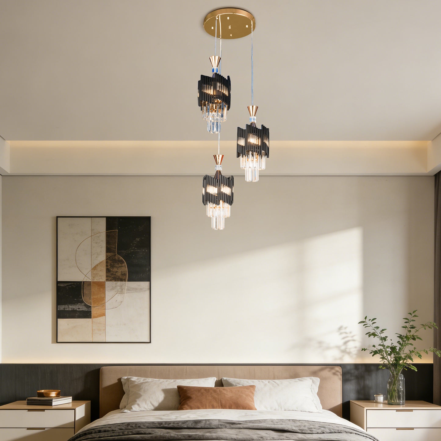 Modern 3-Light Black & Gold Crystal Pendant Light - 3-Color Bulb E26 Adjustable Ceiling Chandelier for Dining Room