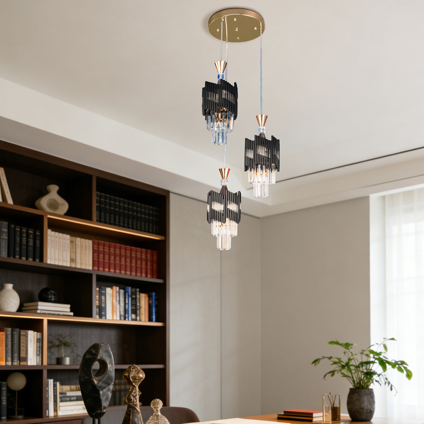Modern 3-Light Black & Gold Crystal Pendant Light - 3-Color Bulb E26 Adjustable Ceiling Chandelier for Dining Room