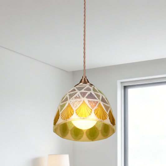 Vintage Stained Glass Shell Pendant Light - 3-Color Dimmable E26 Adjustable Height Ceiling Lamp