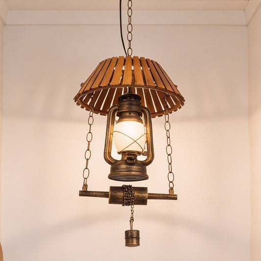 Vintage Kerosene Lamp Pendant Light - Industrial Wood & Iron Adjustable Height Ceiling Lamp (Warm Light)