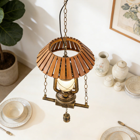 Vintage Kerosene Lamp Pendant Light - Industrial Wood & Iron Adjustable Height Ceiling Lamp (Warm Light)