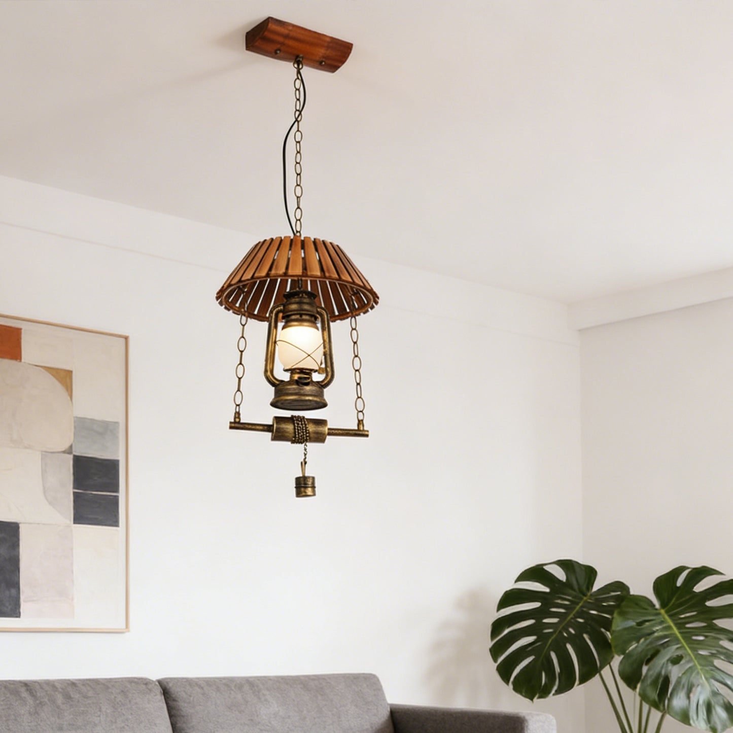 Vintage Kerosene Lamp Pendant Light - Industrial Wood & Iron Adjustable Height Ceiling Lamp (Warm Light)