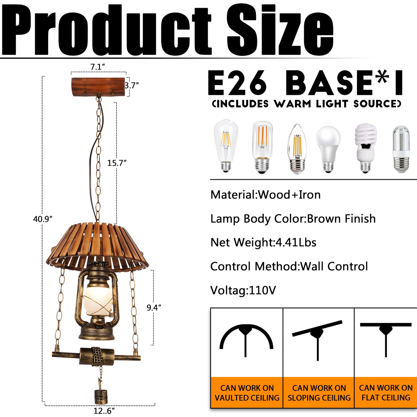 Vintage Kerosene Lamp Pendant Light - Industrial Wood & Iron Adjustable Height Ceiling Lamp (Warm Light)