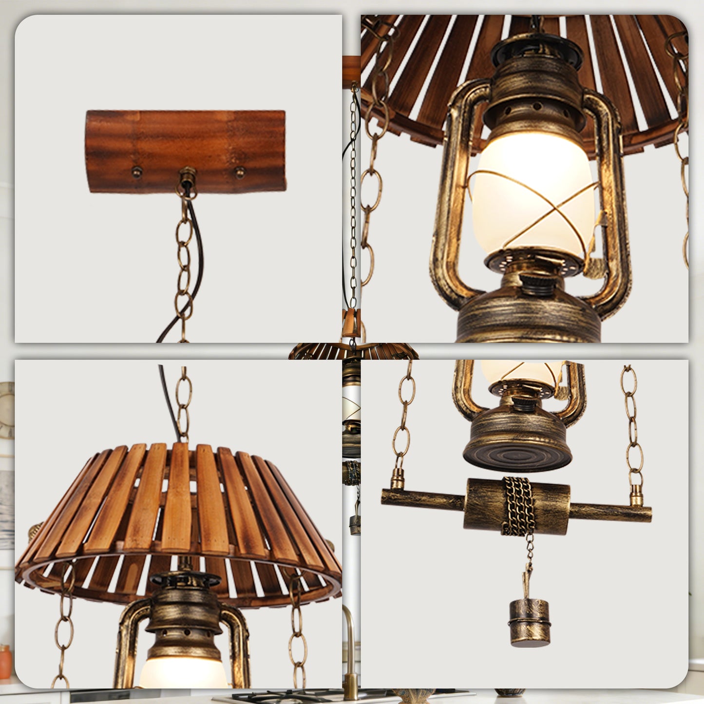 Vintage Kerosene Lamp Pendant Light - Industrial Wood & Iron Adjustable Height Ceiling Lamp (Warm Light)
