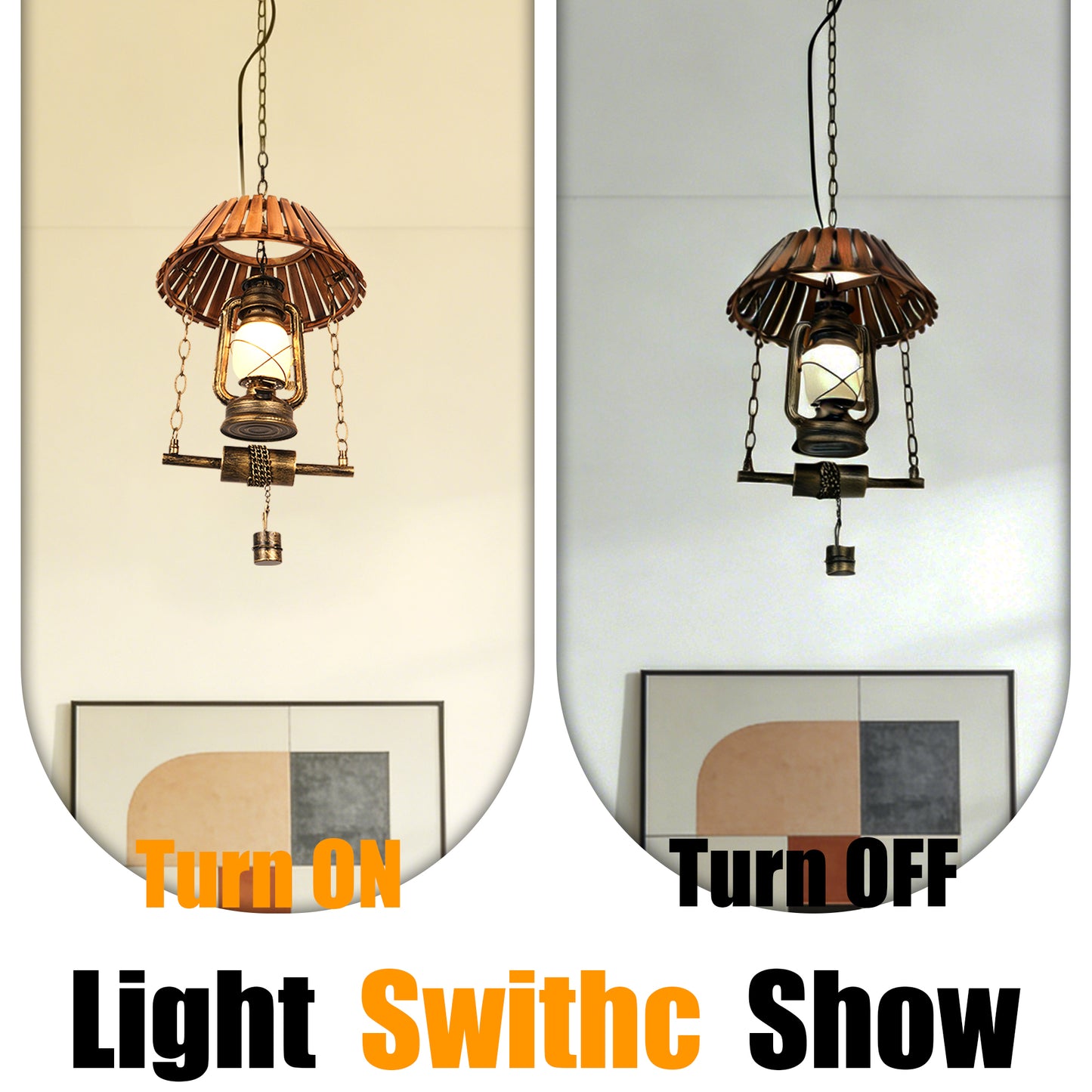 Vintage Kerosene Lamp Pendant Light - Industrial Wood & Iron Adjustable Height Ceiling Lamp (Warm Light)