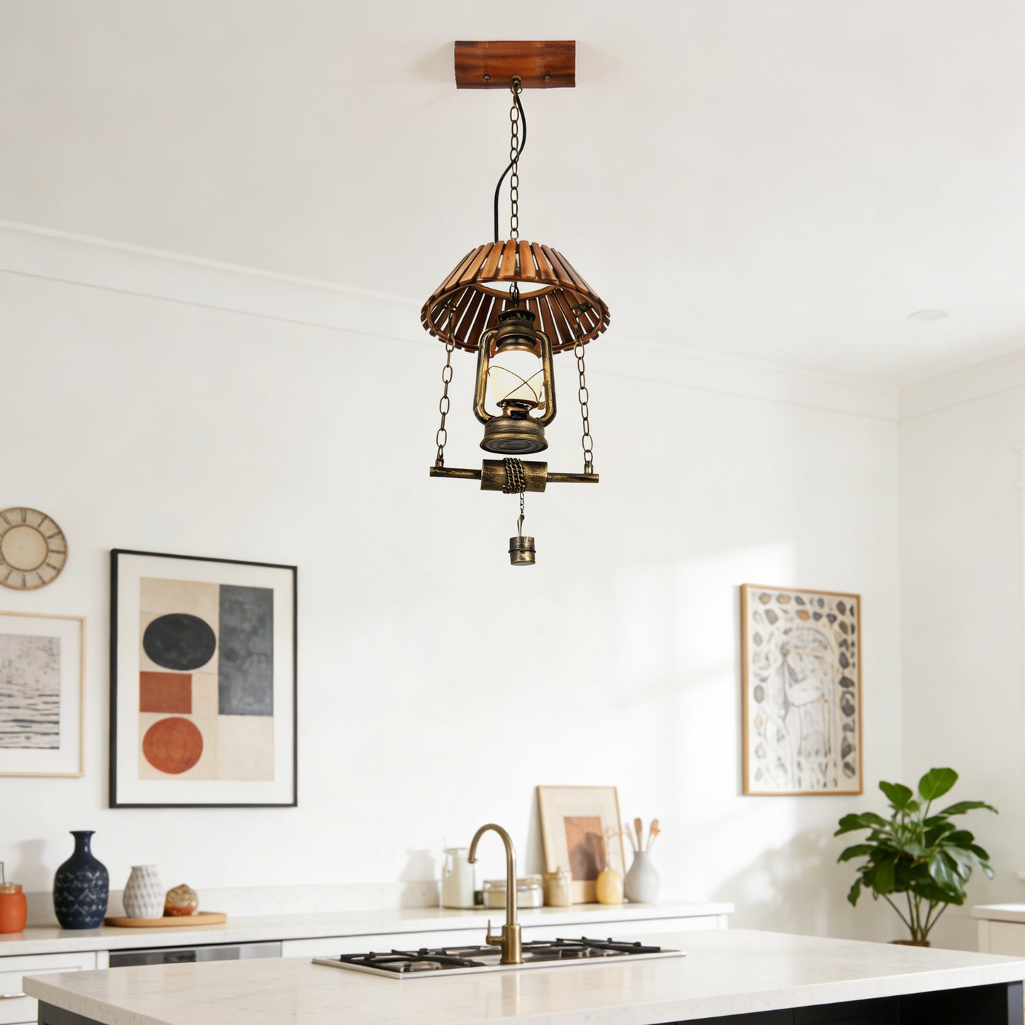 Vintage Kerosene Lamp Pendant Light - Industrial Wood & Iron Adjustable Height Ceiling Lamp (Warm Light)