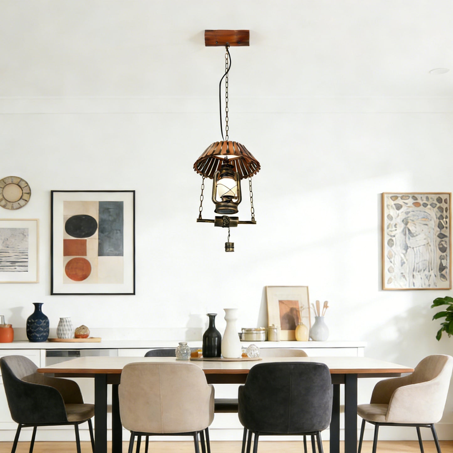 Vintage Kerosene Lamp Pendant Light - Industrial Wood & Iron Adjustable Height Ceiling Lamp (Warm Light)