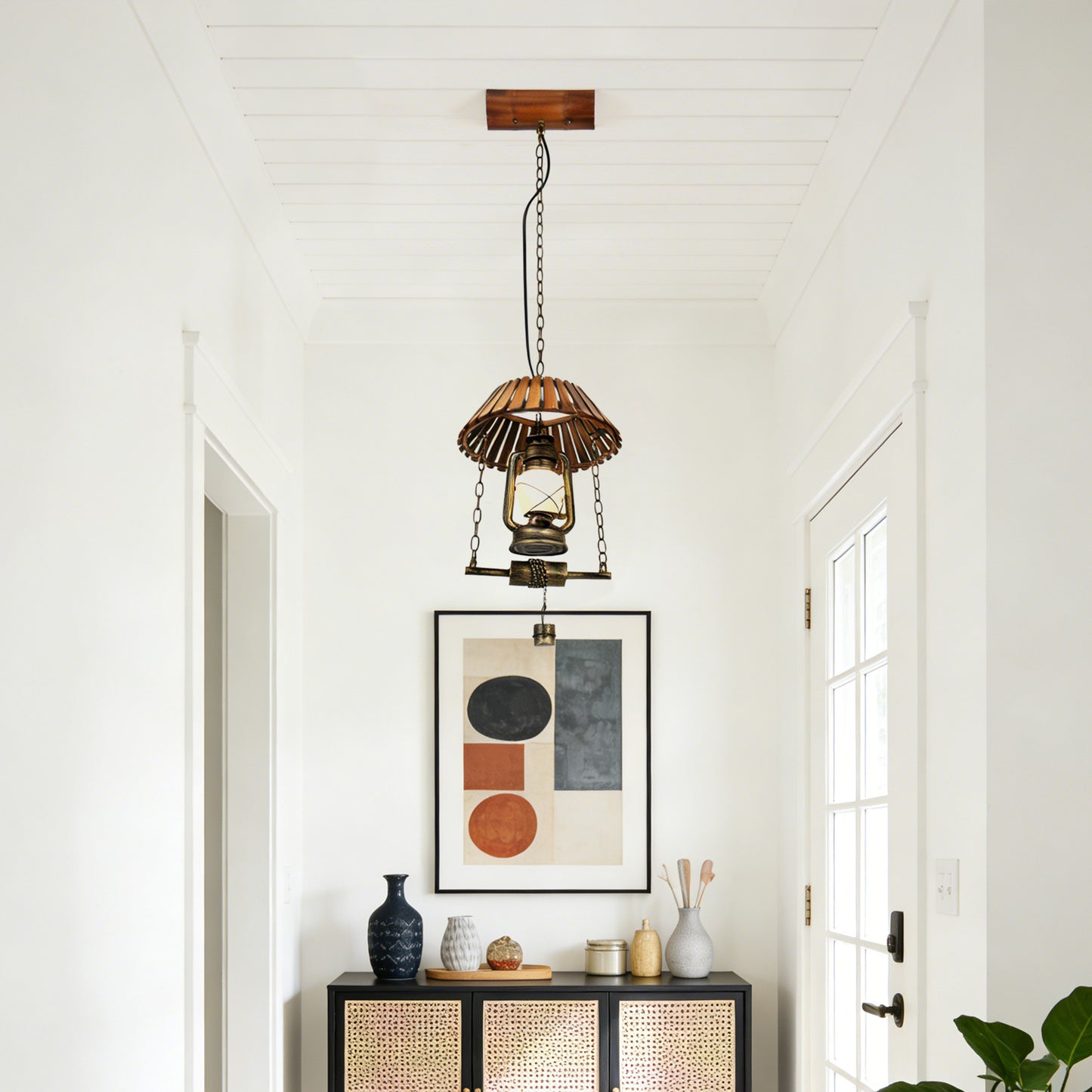 Vintage Kerosene Lamp Pendant Light - Industrial Wood & Iron Adjustable Height Ceiling Lamp (Warm Light)