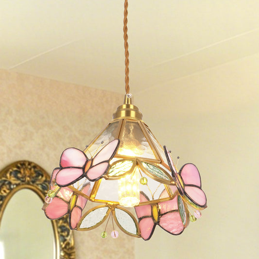 Vintage Tiffany Style Pink Butterfly Stained Glass Pendant Light - 3-Color Dimmable E26 Adjustable Height Ceiling Lamp