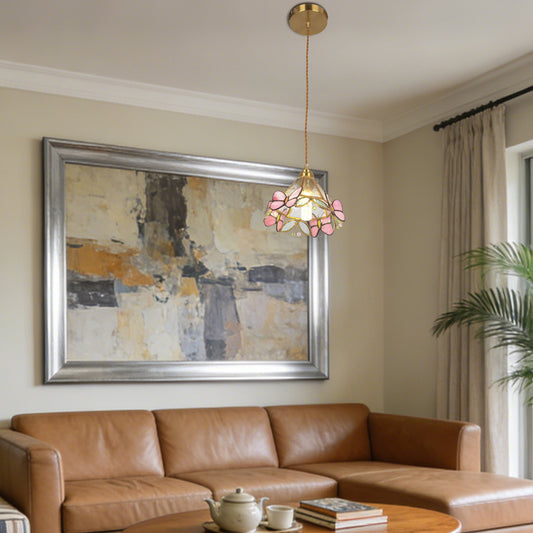 Vintage Tiffany Style Pink Butterfly Stained Glass Pendant Light - 3-Color Dimmable E26 Adjustable Height Ceiling Lamp