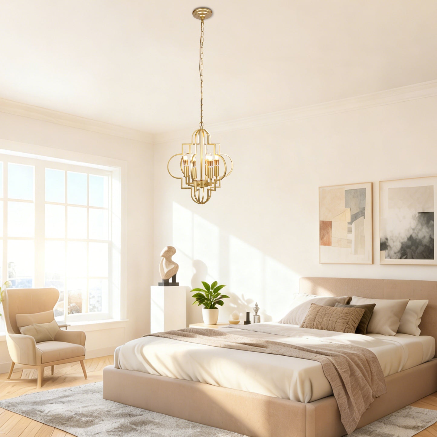 Modern Geometric Gold 6-Light Chandelier - Adjustable Height Pendant Light E12