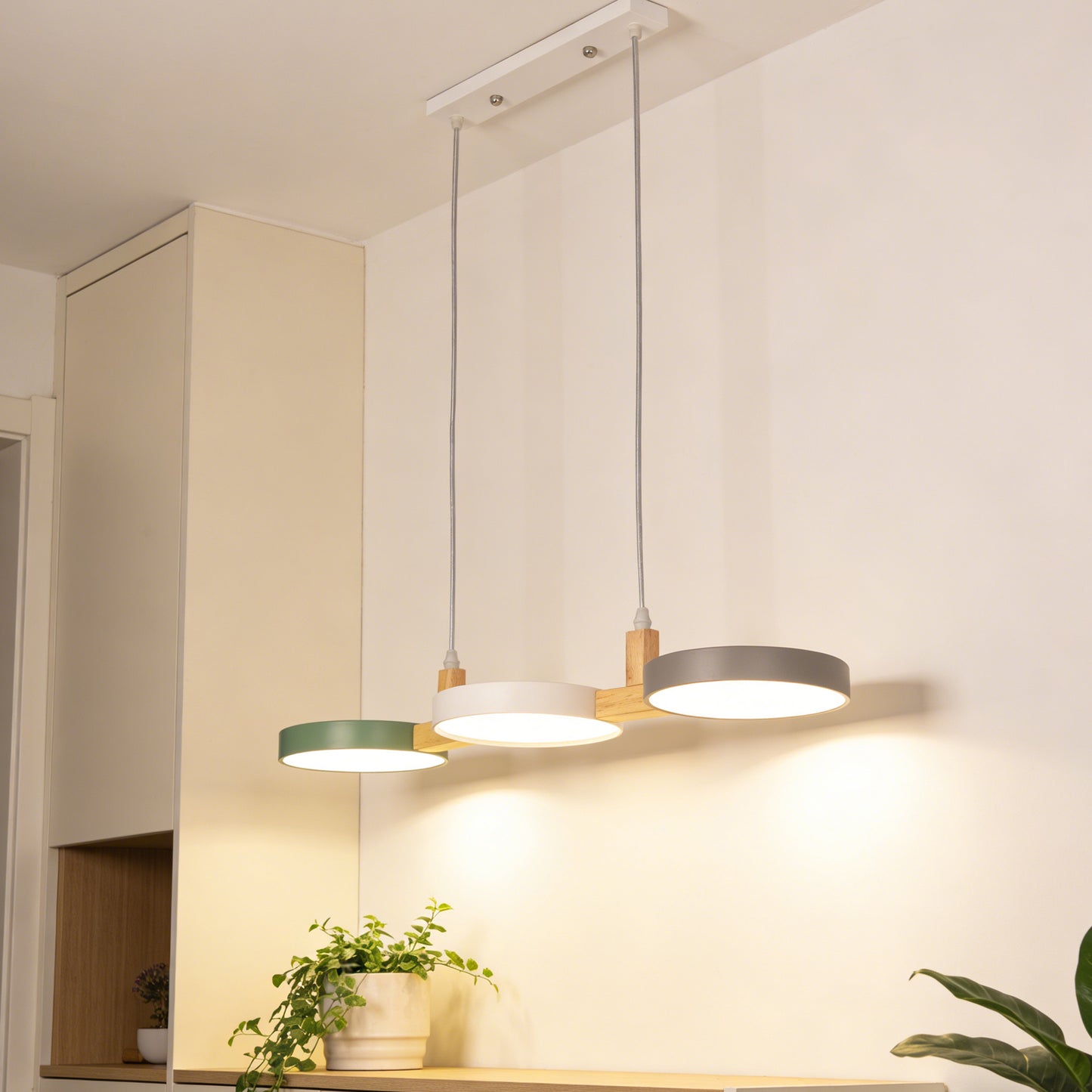 Nordic 3-Light Wooden Pendant Light - Macaron Color Disc Ceiling Lamp