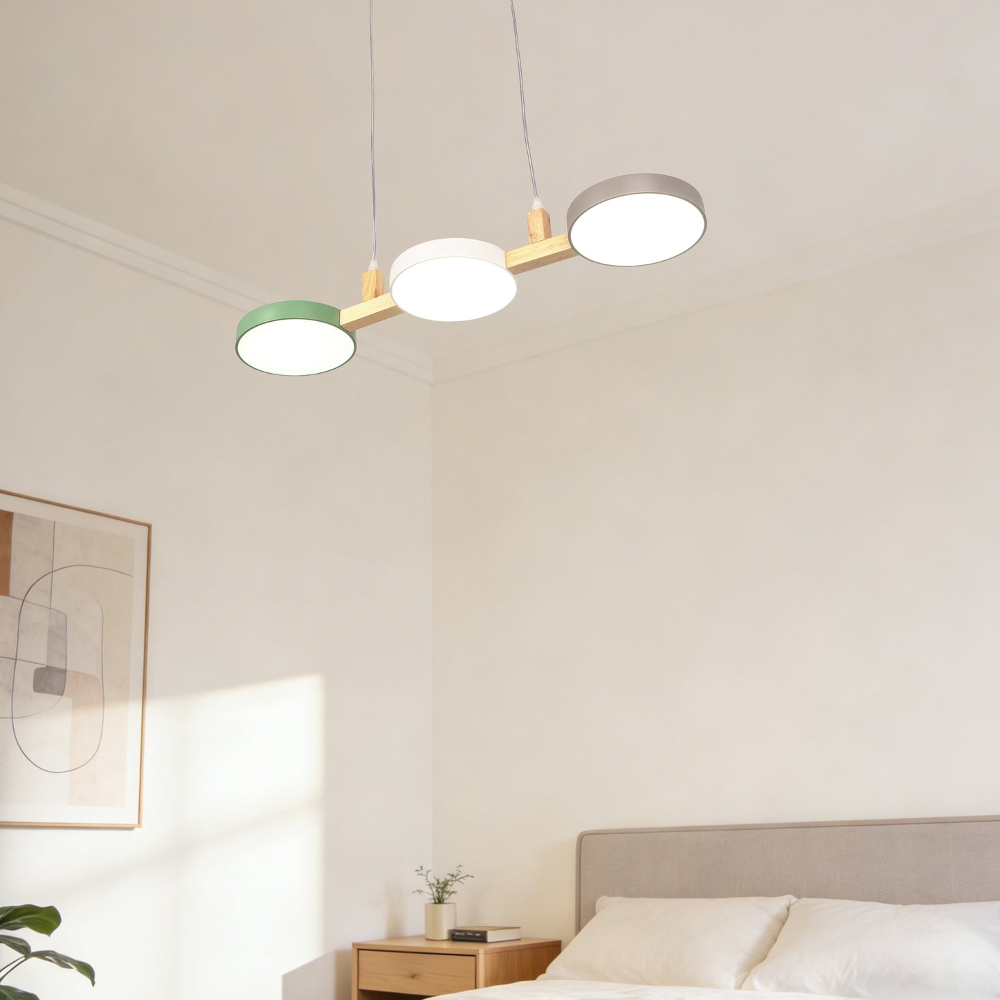 Nordic 3-Light Wooden Pendant Light - Macaron Color Disc Ceiling Lamp