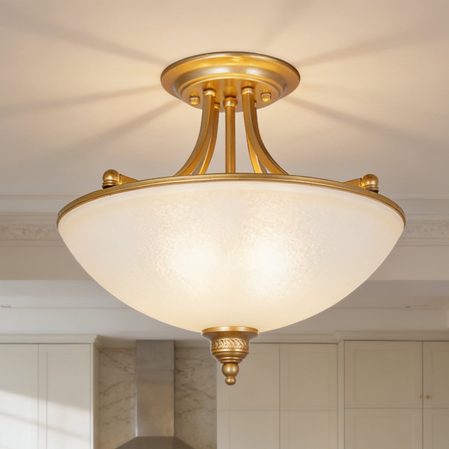 French Vintage Gold Semi-Flush Mount Ceiling Light - Frosted Glass Bowl Lamp