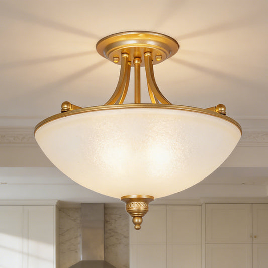 French Vintage Gold Semi-Flush Mount Ceiling Light - Frosted Glass Bowl Lamp