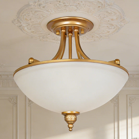 French Vintage Gold Semi-Flush Mount Ceiling Light - Frosted Glass Bowl Lamp