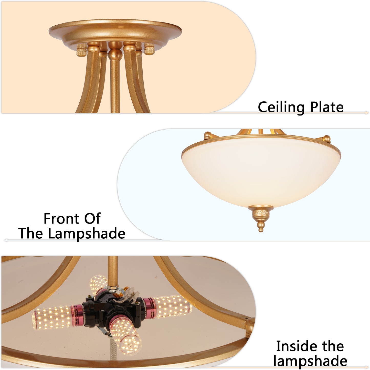 French Vintage Gold Semi-Flush Mount Ceiling Light - Frosted Glass Bowl Lamp