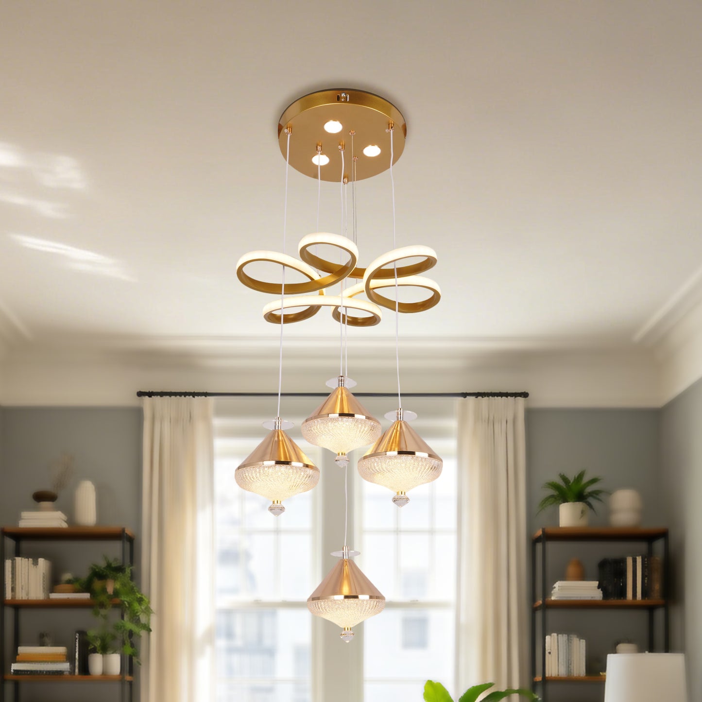 Dimmable 3-Color Gold LED Crystal Chandelier | Modern Luxury Adjustable Height Pendant Light
