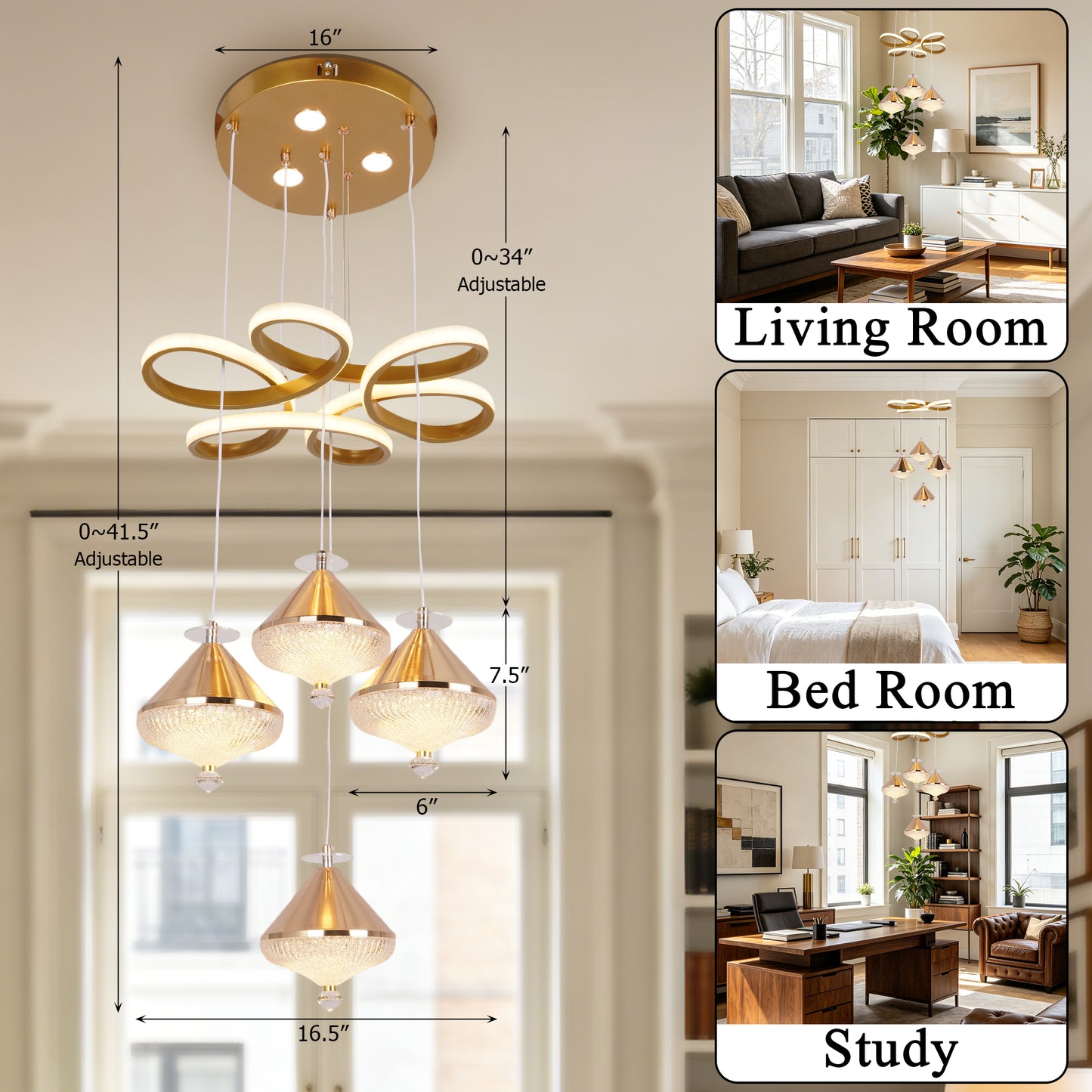 Dimmable 3-Color Gold LED Crystal Chandelier | Modern Luxury Adjustable Height Pendant Light