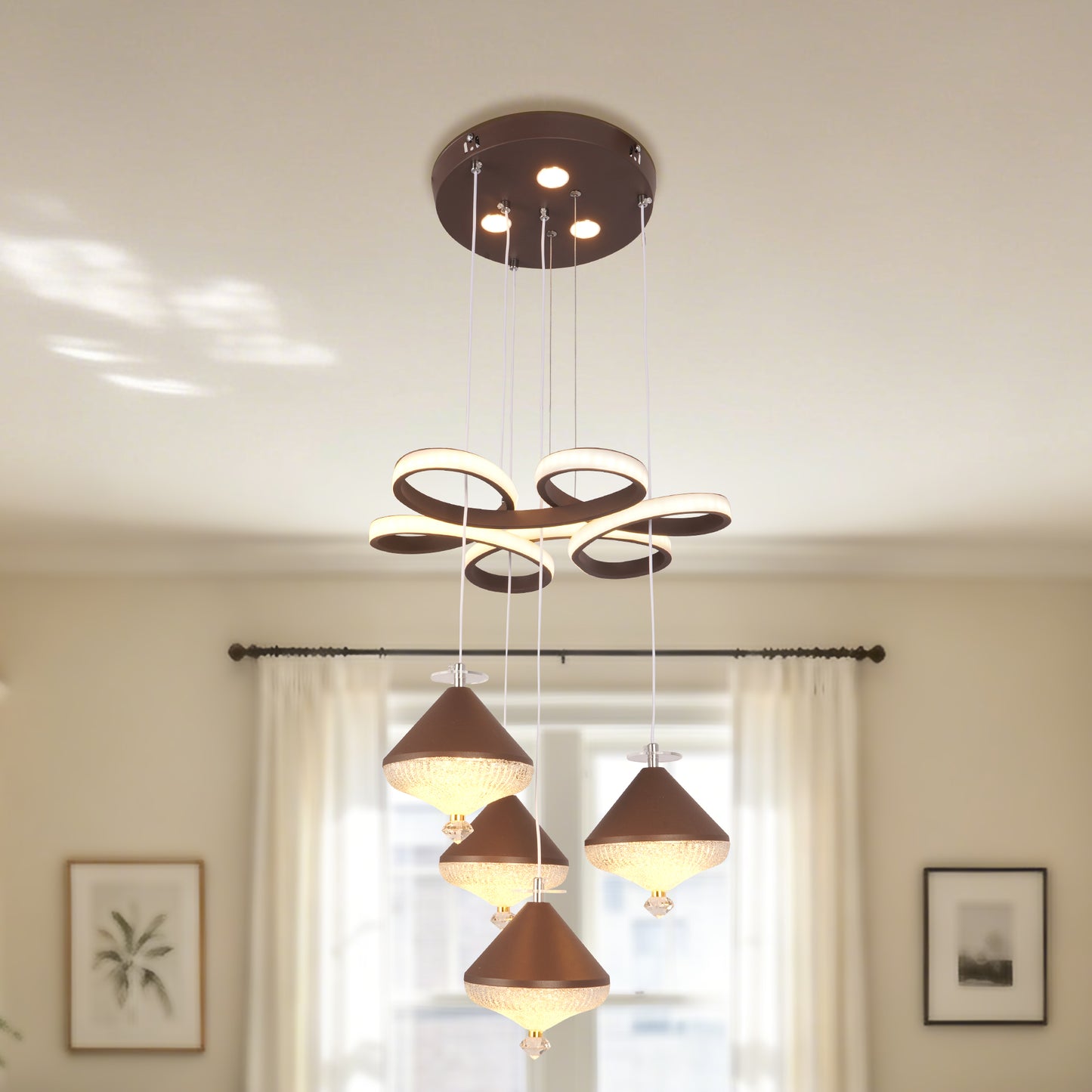 Dimmable 3-Color Brown LED Crystal Chandelier | Modern Luxury Adjustable Height Pendant Light