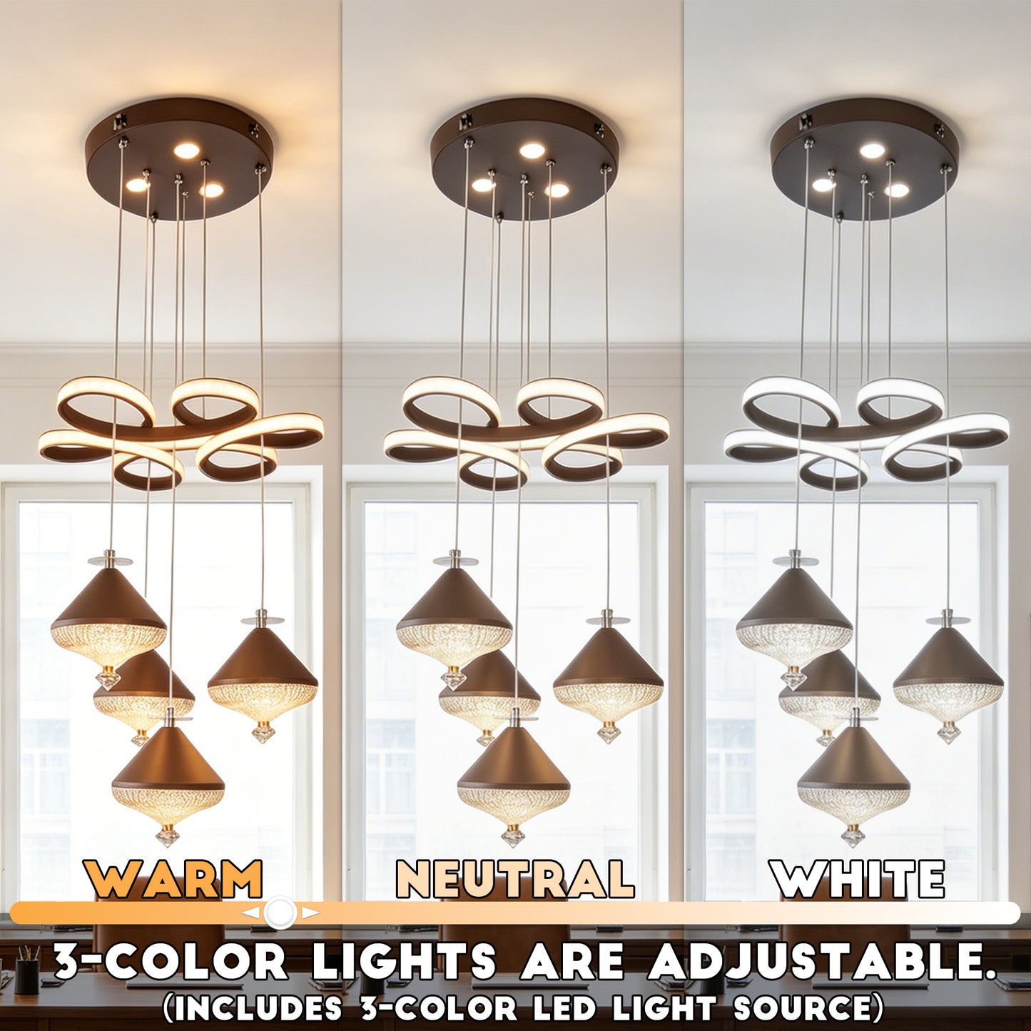 Dimmable 3-Color Brown LED Crystal Chandelier | Modern Luxury Adjustable Height Pendant Light