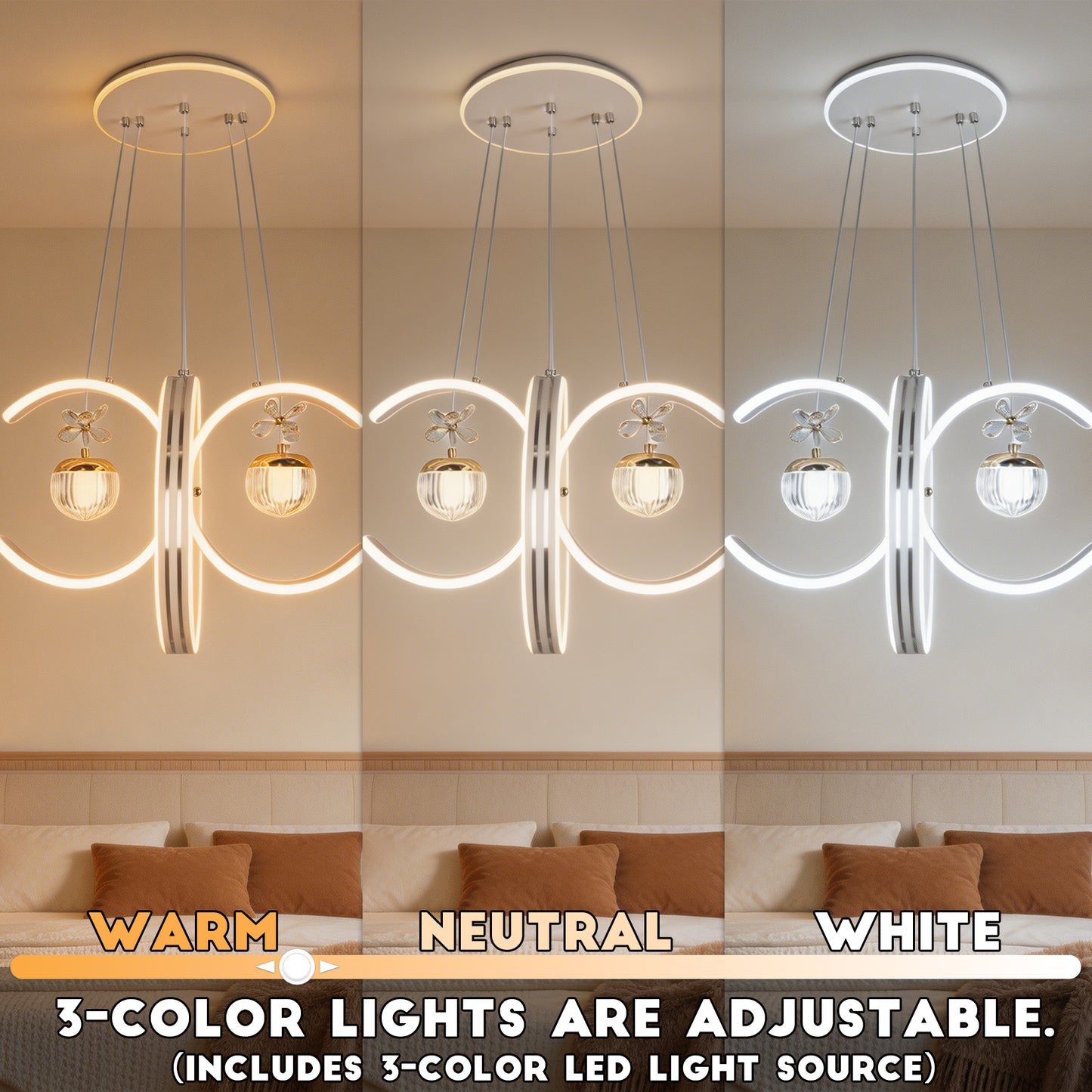 Dimmable 3-Color White Modern LED Chandelier | Luxury Crystal Glass Pendant Light