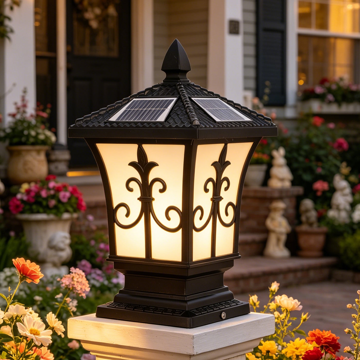 Retro Solar Outdoor Post Light, 4-Color Dimmable Waterproof Column Lamp with Remote Control