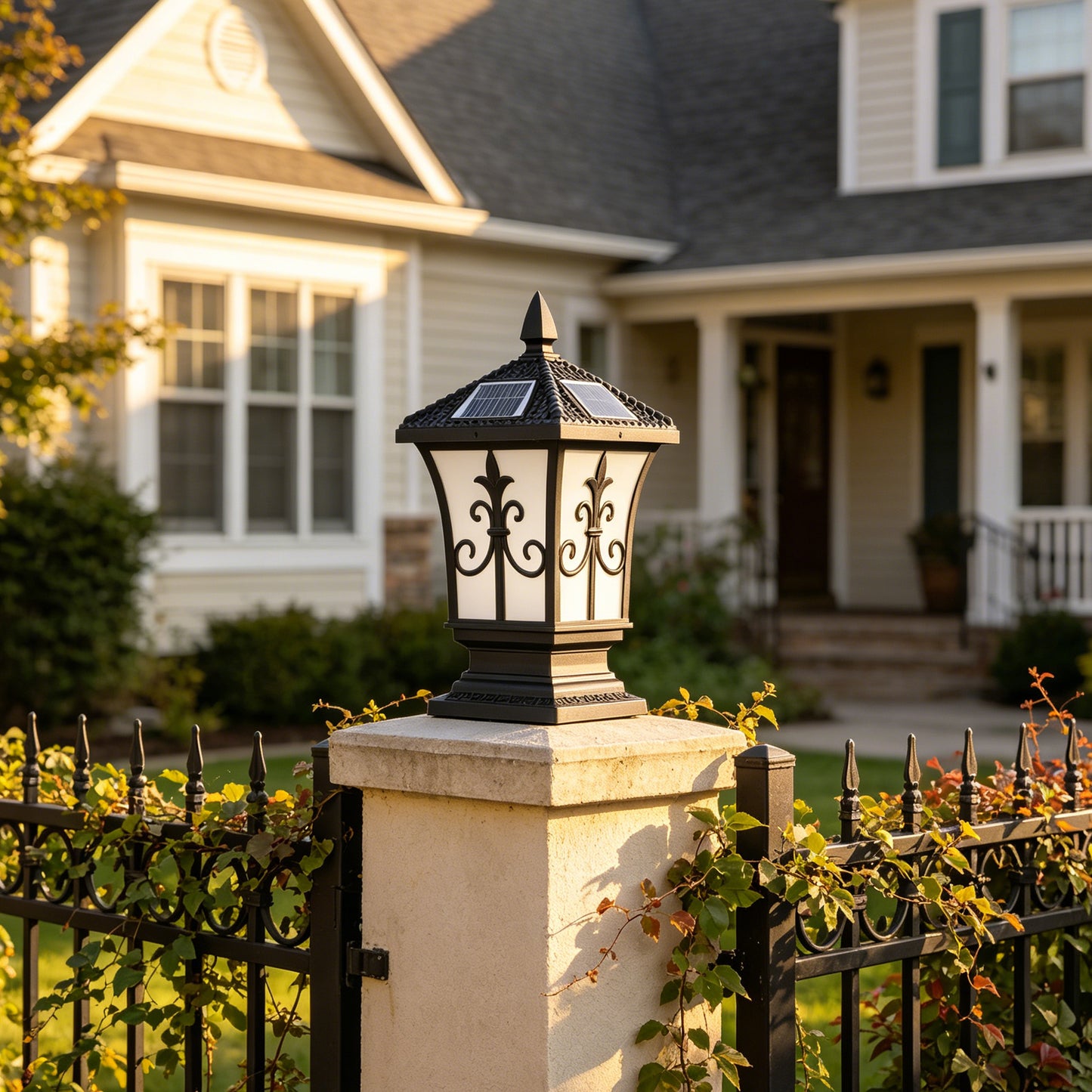Retro Solar Outdoor Post Light, 4-Color Dimmable Waterproof Column Lamp with Remote Control