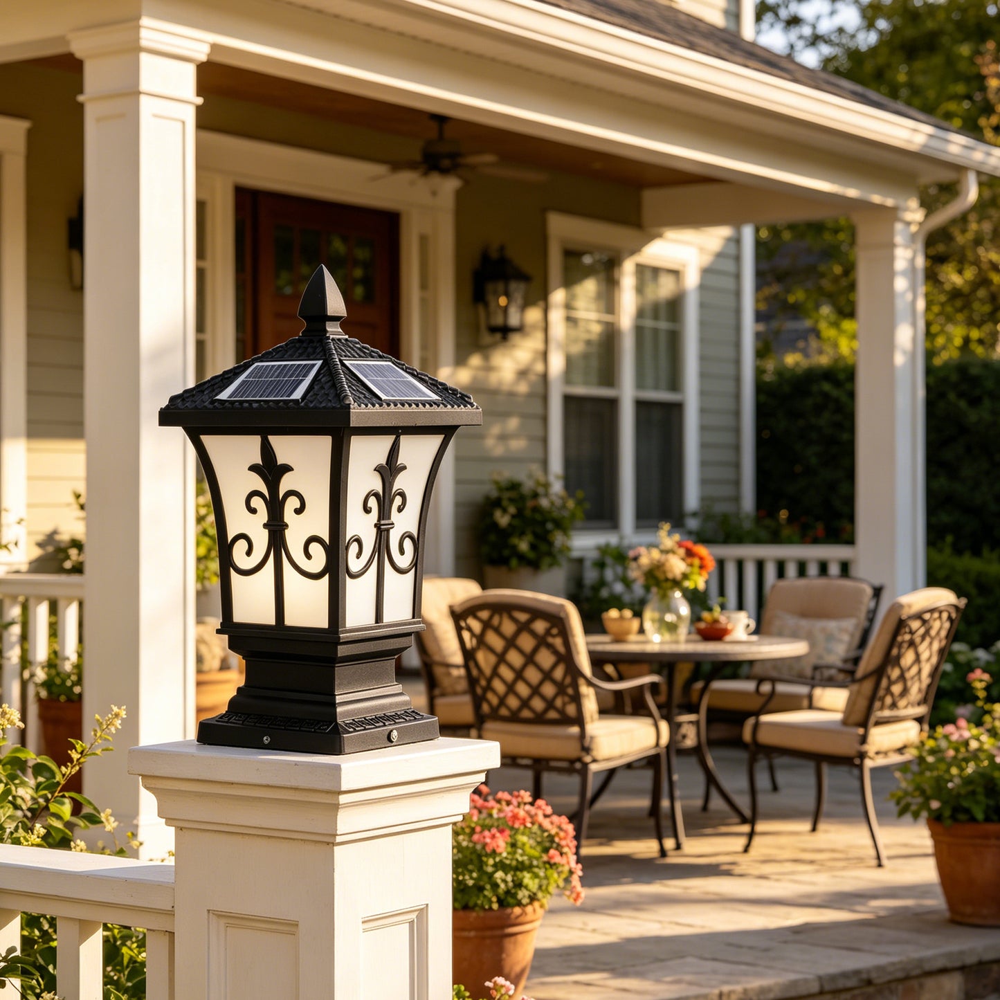 Retro Solar Outdoor Post Light, 4-Color Dimmable Waterproof Column Lamp with Remote Control