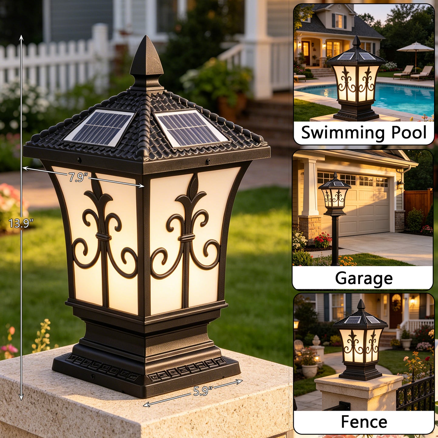 Retro Solar Outdoor Post Light, 4-Color Dimmable Waterproof Column Lamp with Remote Control