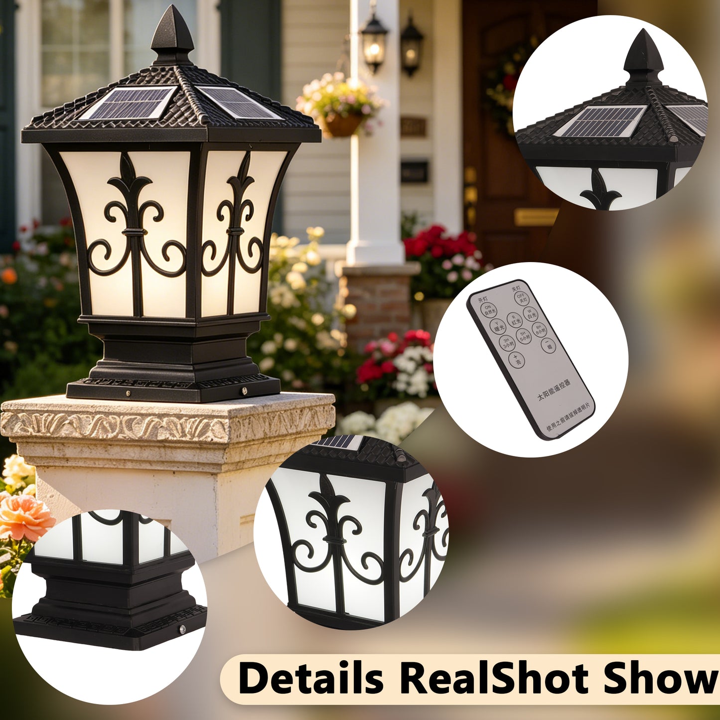 Retro Solar Outdoor Post Light, 4-Color Dimmable Waterproof Column Lamp with Remote Control