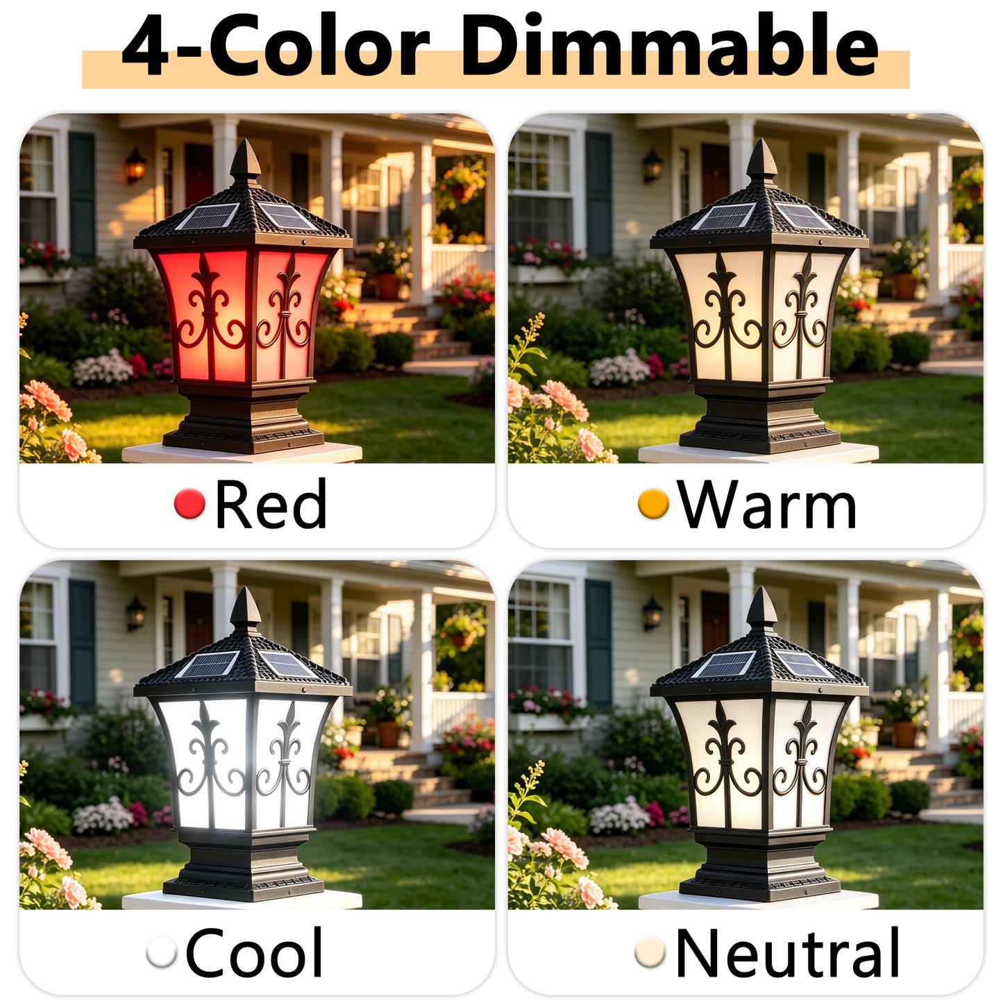 Retro Solar Outdoor Post Light, 4-Color Dimmable Waterproof Column Lamp with Remote Control
