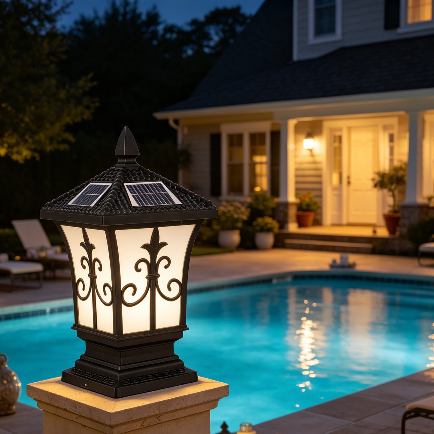 Retro Solar Outdoor Post Light, 4-Color Dimmable Waterproof Column Lamp with Remote Control
