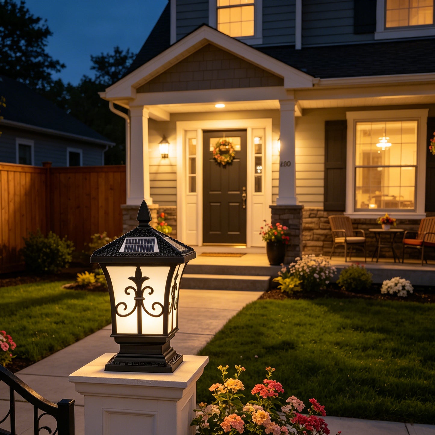 Retro Solar Outdoor Post Light, 4-Color Dimmable Waterproof Column Lamp with Remote Control