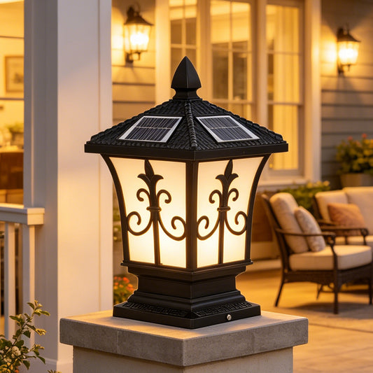 Solar Post Cap Light, 4-Color Dimmable Outdoor LED Column Lamp with Remote, IP65 Waterproof, Black Vintage Fence Light for Patio