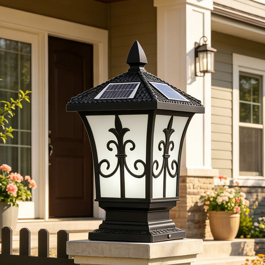Solar Post Cap Light, 4-Color Dimmable Outdoor LED Column Lamp with Remote, IP65 Waterproof, Black Vintage Fence Light for Patio