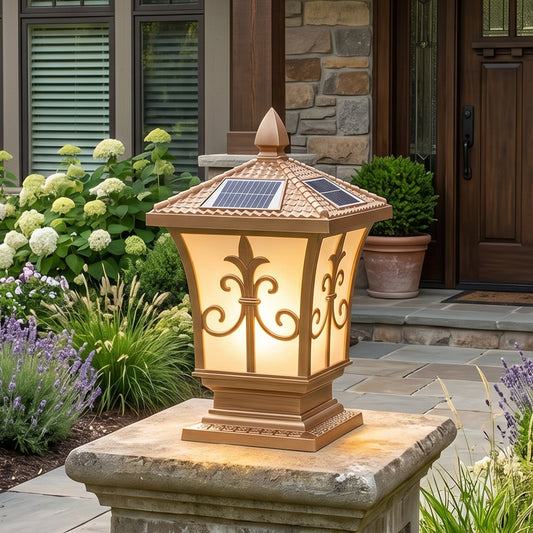 Bronze Solar Post Cap Light, 4-Color Dimmable Outdoor LED Column Lamp with Remote, IP65 Waterproof, Vintage Fence Light