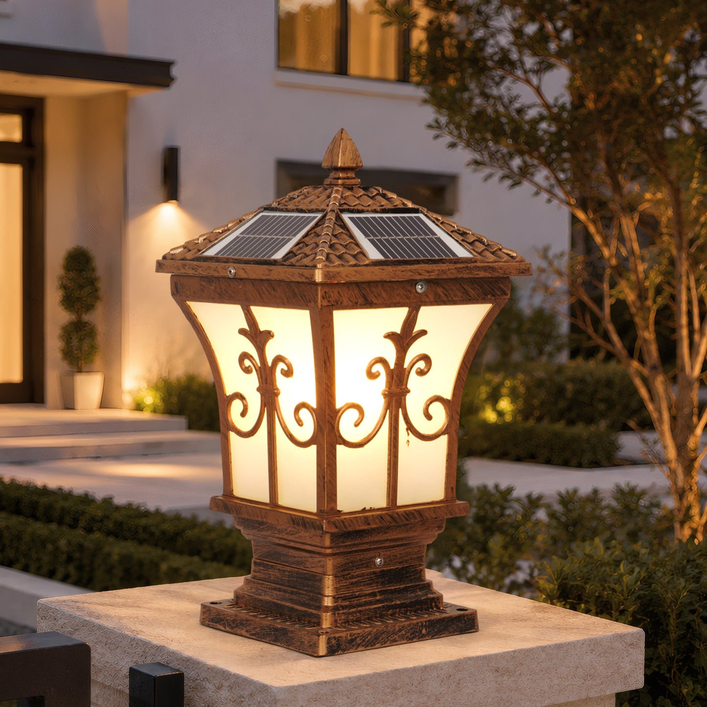 Bronze Solar Post Light, IP65 Waterproof Outdoor LED Column Lamp with 3 Color Modes