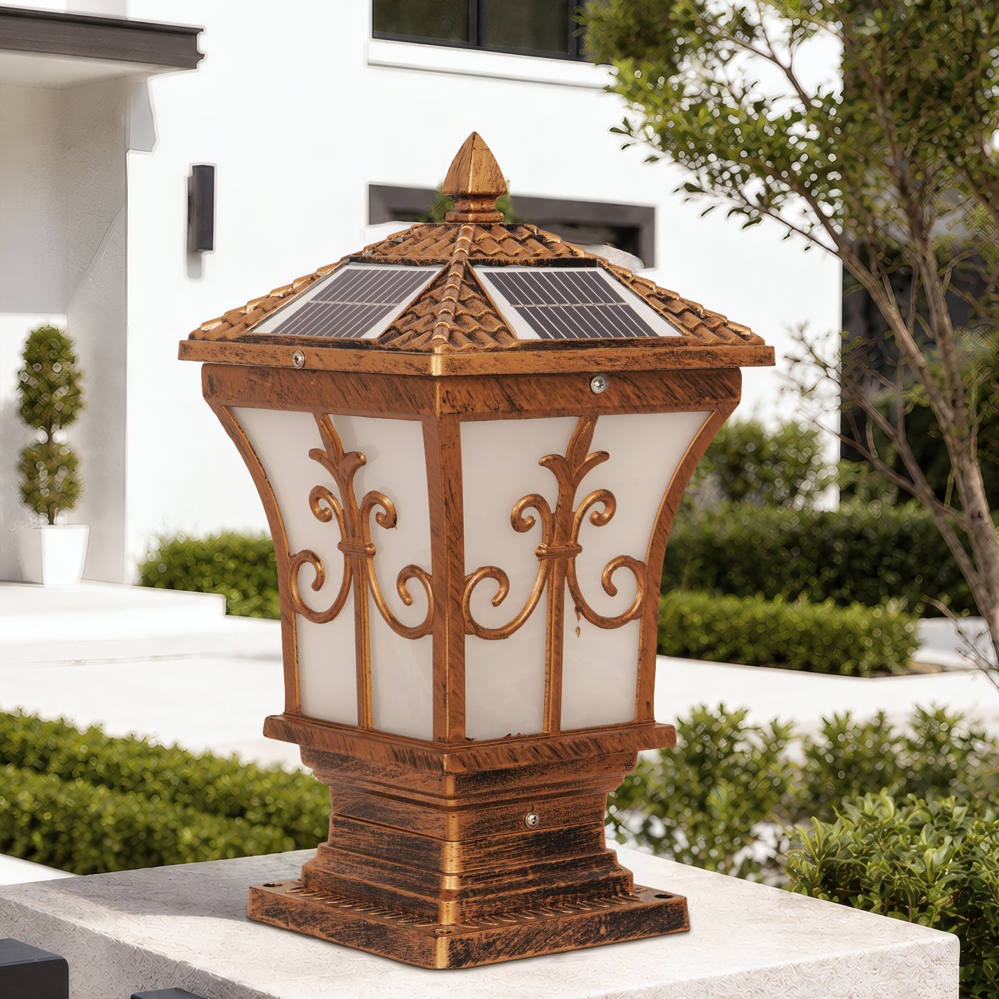 Bronze Solar Post Light, IP65 Waterproof Outdoor LED Column Lamp with 3 Color Modes
