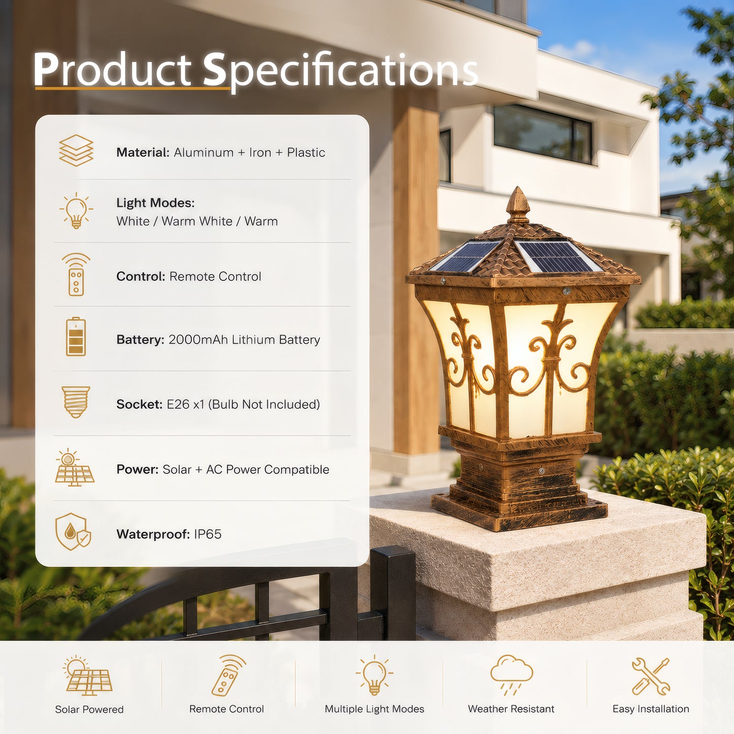 Bronze Solar Post Light, IP65 Waterproof Outdoor LED Column Lamp with 3 Color Modes