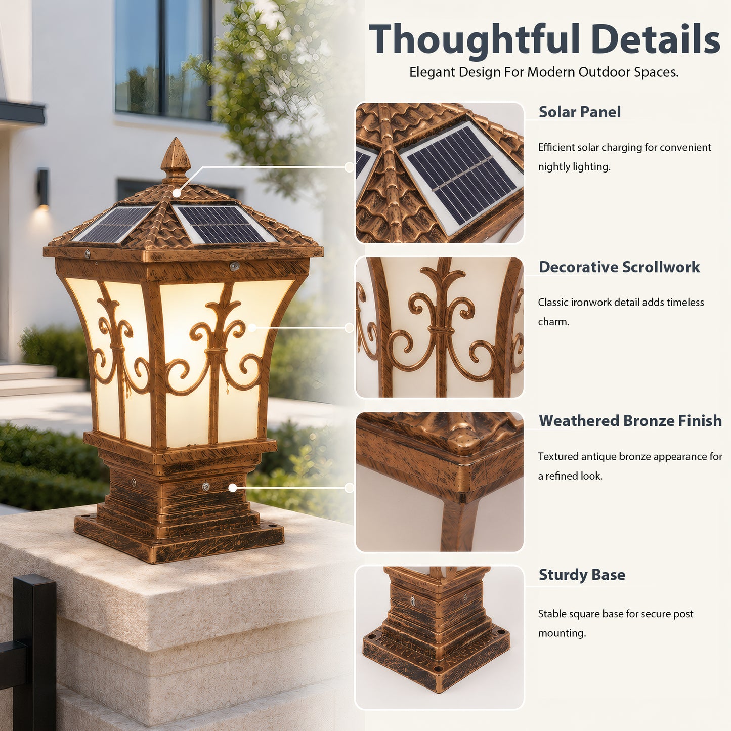 Bronze Solar Post Light, IP65 Waterproof Outdoor LED Column Lamp with 3 Color Modes